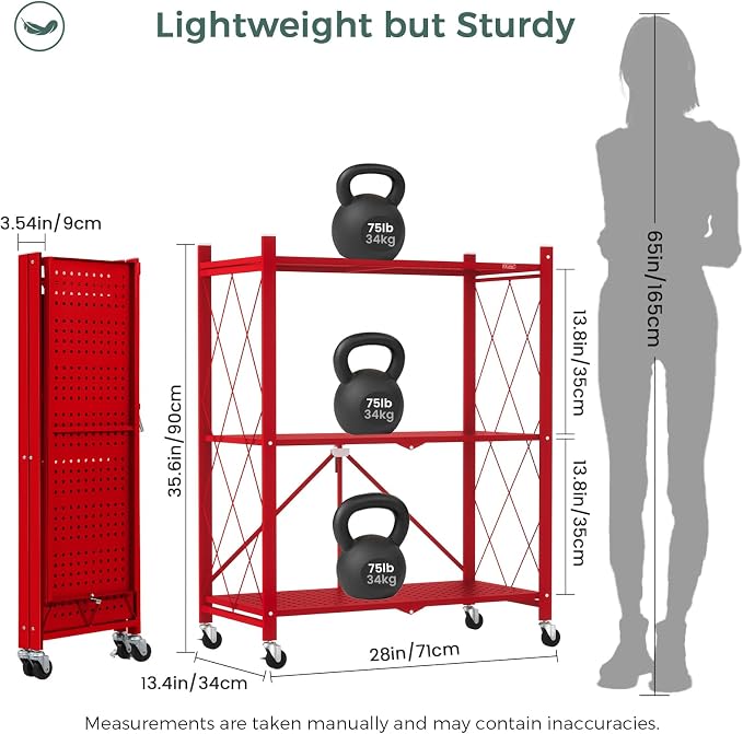 DEANIC 3 Tier Foldable Storage Shelves with Wheels, Kitchen Appliance Stand, Freestanding Metal Wire Shelf Rack, No Assembly Organizer Rolling Cart for Garage, Basement, Pantry(Red)