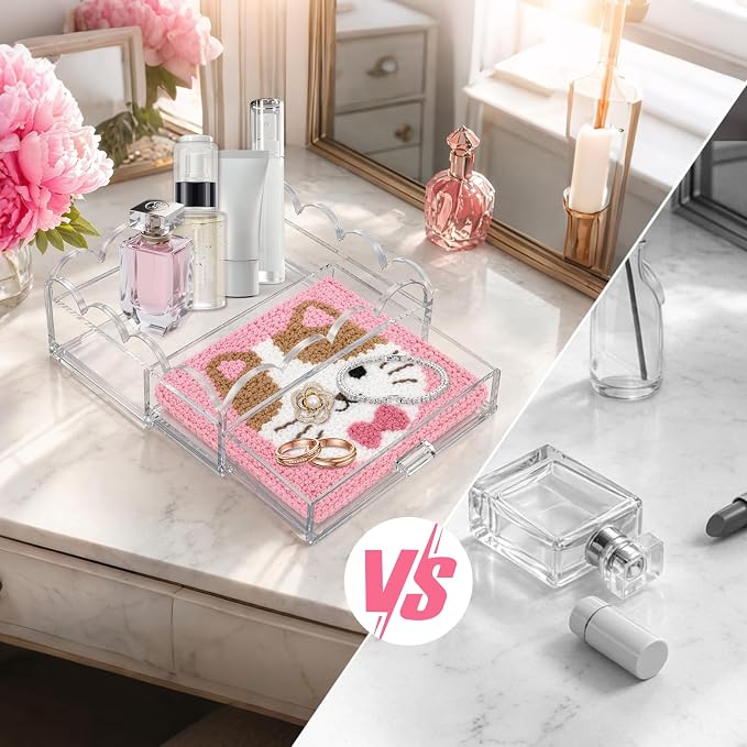 Acrylic Tray with Drawer 5" x 5" Scalloped Clear Acrylic Display Tray for Insert Needlepoint,Desk PMMA Organizer for Perfume Necklace Lipstick Cosmetic Bedroom Bathroom Napkin Tray