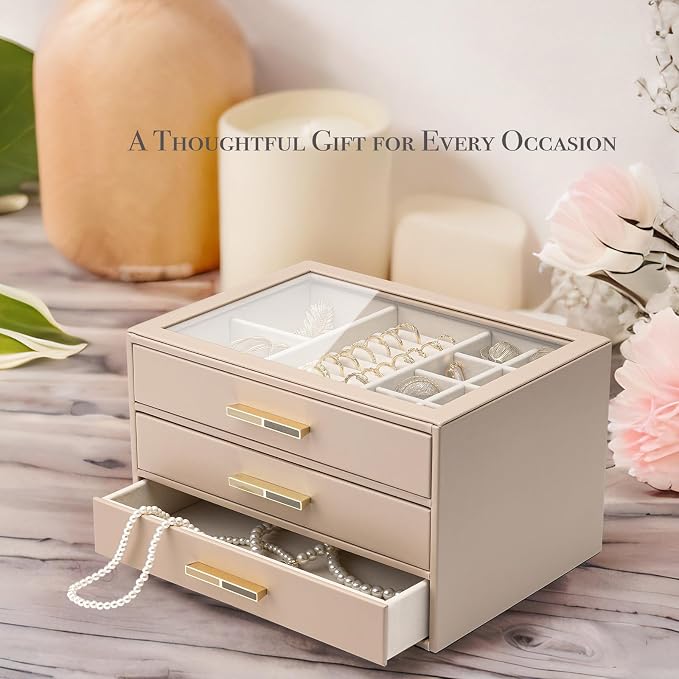VLANDO 3-Drawer Jewelry Box with Glass Lid, Faux Leather Organizer for Rings Earrings Necklaces and More, Gift-Ready Jewelry Case for Women Girls or Moms, Latte