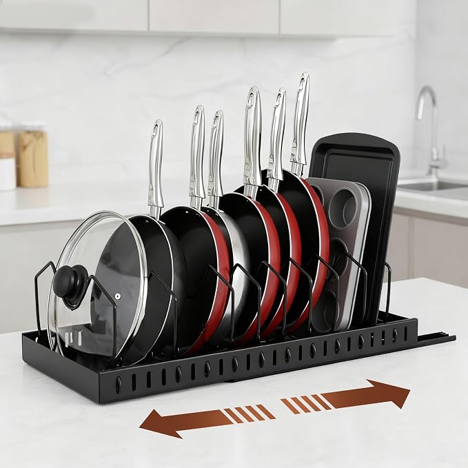 2 Pcs Pots and Pans Organizer Under Cabinet - Expandable Pull out Cabinet Organizer for Pots and Pans, Pan and Lid Organizers Inside Cabinet, Adjustable Storage Rack, Carbon Steel (Black)