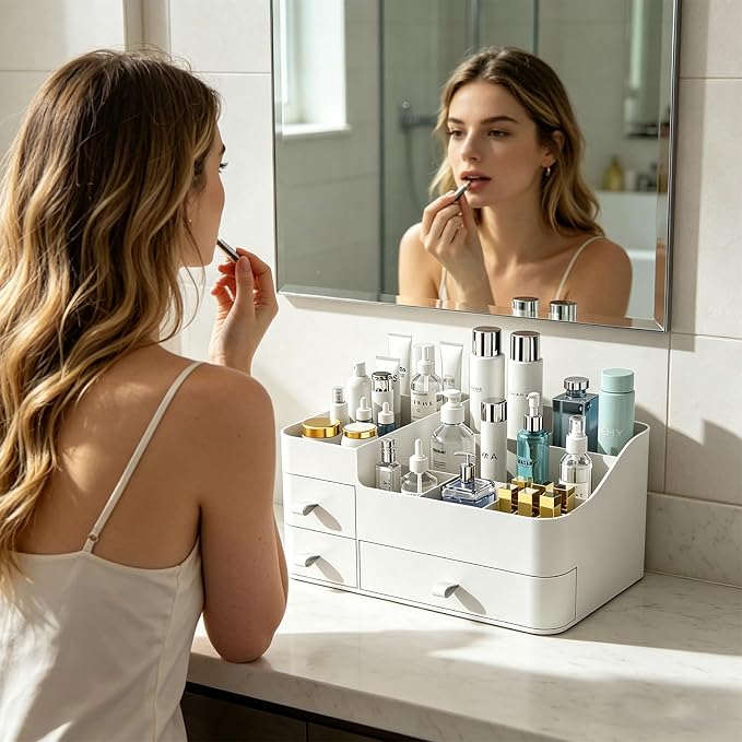 Makeup Organizer with 3 Drawers, Bathroom Counter Organizer. | Plastic Cosmetic Display Case, Ideal for Make Up, Skincare, Perfume; Suitable for Dresser Top, Vanity and Desk