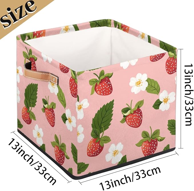 TropicalLife Floral Strawberry Storage Cube, 13 Inch Fabric Cube Storage Organizer Bin for Shelves Clothes, Decorative Foldable Storage Boxes