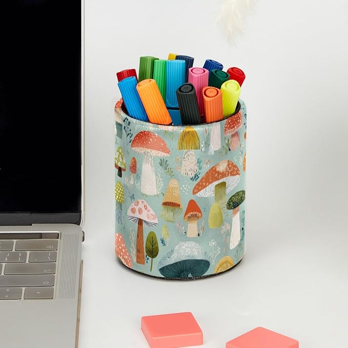 Faux Leather Pen Holder for Desk, Pencil Organizer Mushroom Pen Cup Desk Decor Makeup Brush Holder Storage for Office Home