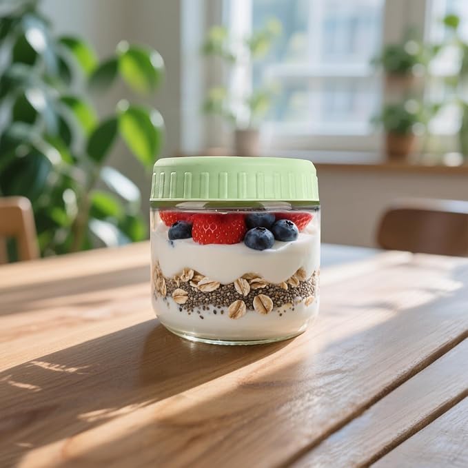 SHOWIN Overnight Oats Containers with Lids, 10oz Glass Jars with Lids 2 pcs, Light Green, Wide Mouth Mason jars for Salad, Yogurt, Snacks, Meal Prep