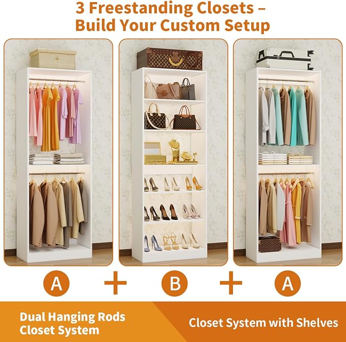 Closet System of 3 Sets, 6FT-15FT Closet Organizer System with 7 Adjustable Hanging Rods& 6 Shelves, Custom Modular Closet Kit, Freestanding Closet Storage System, L-Shaped Walk-in Closet, White