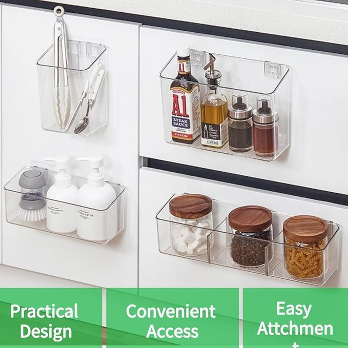 vacane 2-Pack Adhesive Cabinet Door Organizer, Transparent Plastic Storage Bins for Kitchen Bathroom Office, No Drill Hanging Basket, Space Saving Removable Holder-S