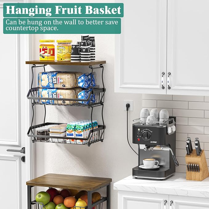 XYZLVSI 3 Tier Countertop Fruit Basket Bread Bowl with 2 Banana Hangers | Metal fruit rack with wooden handle, 16.8" H large storage stand for potato/onion/vegetables/snacks/produce storage, black