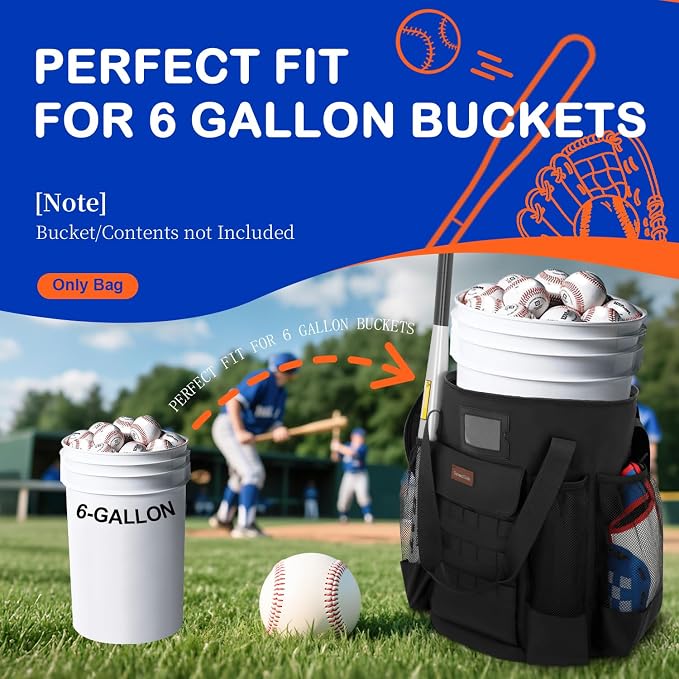 Baseball Bucket Backpack for 6 Gallon Bucket, Durable Softball Coaches Bag | Baseball Coaching Accessories Organizer with Pockets for 2 Bats, Gloves & Scoreboards, Tactical Gear for Practice & Games