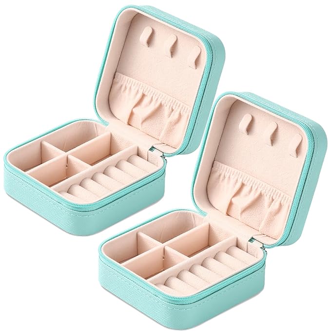 Neveika Portable Travel Mini Jewelry Box Leather Jewellery Ring Organizer Case Storage Gift Box Girls Women (bluex2).