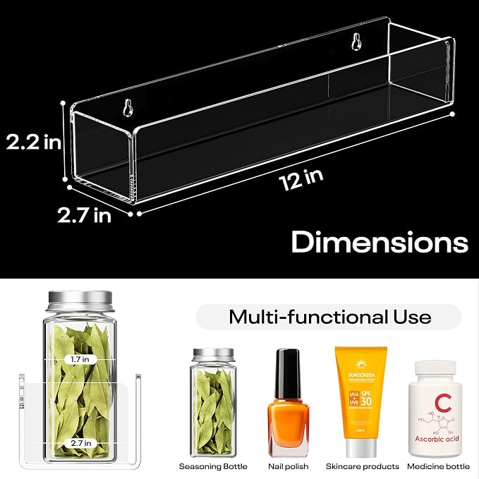Wall Mounted Acrylic Spice Rack 2 Pack, 12 Inch Clear Pantry Door Organizer, Floating Spice Organizer, Adhesive or Screw Mounted Cabinet Seasoning Shelf