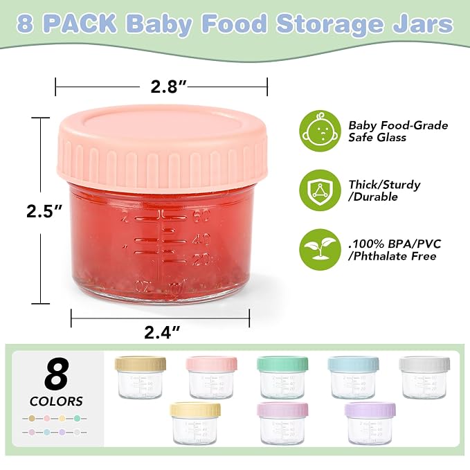 RowinsyDD 8 Pack Glass Baby Food Storage Containers, 2 oz Leakproof Baby Food Jars with Lids, Small Glass Food Containers for Infant Baby, Freezer Safe