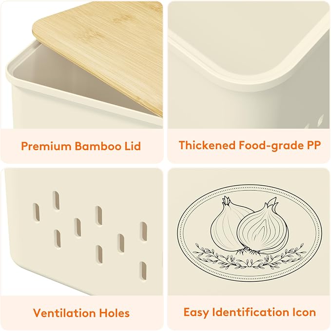 Lifewit Plastic Potato and Onion Storage Bin Box, Set of 3, Beige | Stackable Garlic Keeper, Vegetable Container Box, Aerating Holes & Lid for Pantry Countertop
