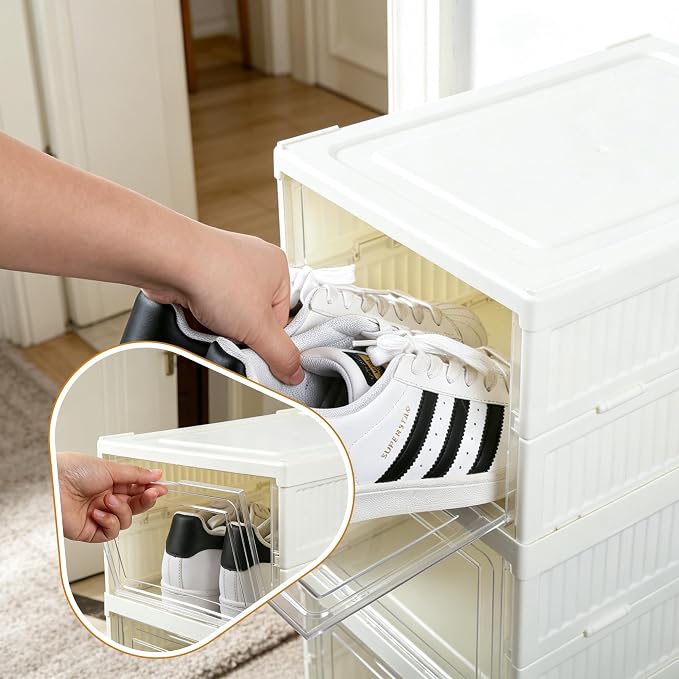 6 Tier Collapsible shoe rack, Drop front shoe box, White | No Assembly, Stackable, Clear Door, Plastic with Lids, Drop Front , Foldable Shoe Storage Box, shoe bin for entryway,
