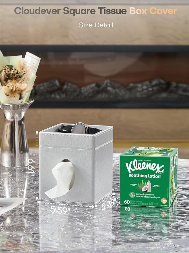 Tissue Box Holder Cover, Modern PU Leather Square Decorative Tissue Holder Organizer-Woven New Off White