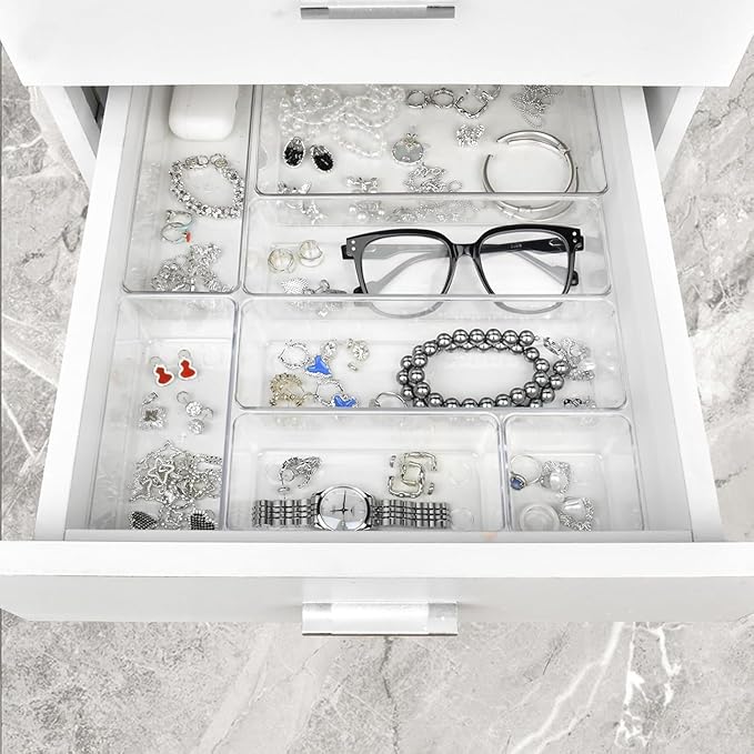 Manalete Drawer Organizers Set of 12, 4 Sizes Clear Plastic Drawer Organizers and Storage Bins for Kitchen, Bathroom, Office, Dresser Desk Drawer Organizer Tray for Jewelry, Makeup, Junk, Gadgets