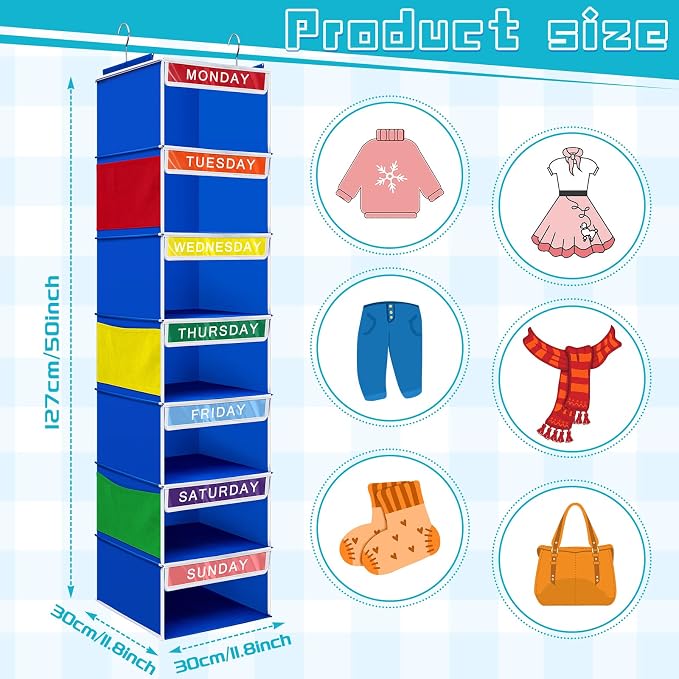 Amylove 2 Pcs 7 Shelf Weekly Clothes Organizer for Kids Hanging Closet Organizer 11. 8 x 11. 8 x 50 Inches Daily Activity Kids Clothes Storage Drawers Cube Drawers Closet Hanging Shelves(Blue)