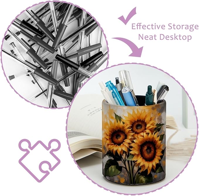 Retro Sunflowers Pattern Pen Holder Pencil Organizer for Desk, 3.1” x 3.1” x 3.9” Pencil Cup Office Supplies, Large Capacity Cute Pen and Makeup Brush Holder for Home, School, Desktop