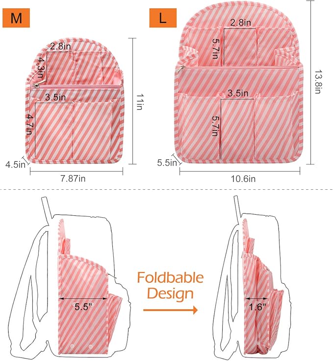 Surblue Backpack Organizer Insert Liner Hanging Travel Rucksack Purse and Handbag Insert Pocket, High-capacity Divider Foldable Nylon Shoulder Bag Organizer for Men and Women, (Pink, L)