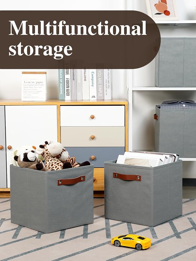 Temary 11x11 Storage Cubes Fabric Cube Storage Bins with Handles Clothes Storage Boxes Baskets for Organizing Home, Shelf, Closet (Grey, 11 x 11 x 11)
