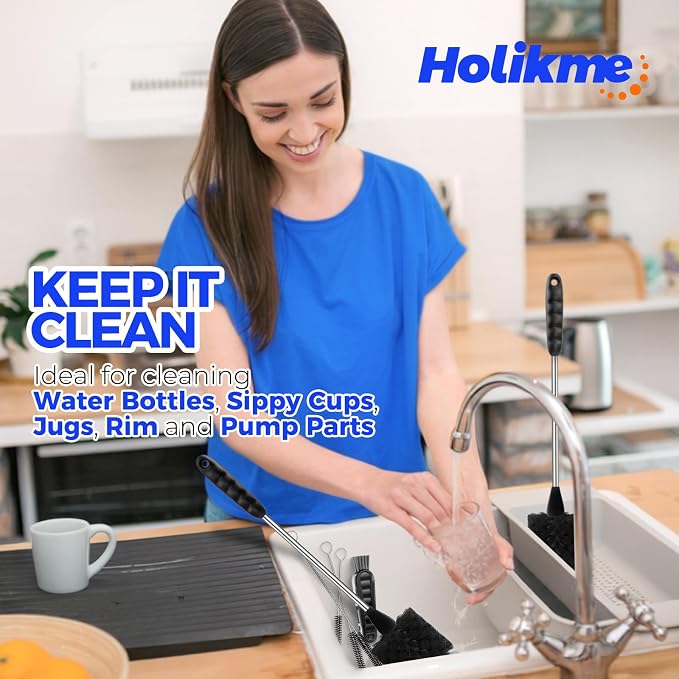 Holikme 6 Pack Bottle Brush 14" Stainless Steel Straw Cleaner Brush,Black | Bottle Cleaner Brush, 3 Straw, Bottle Cleaning Brush for Water Bottle, Baby Bottle Brush, Antistatic Brushes
