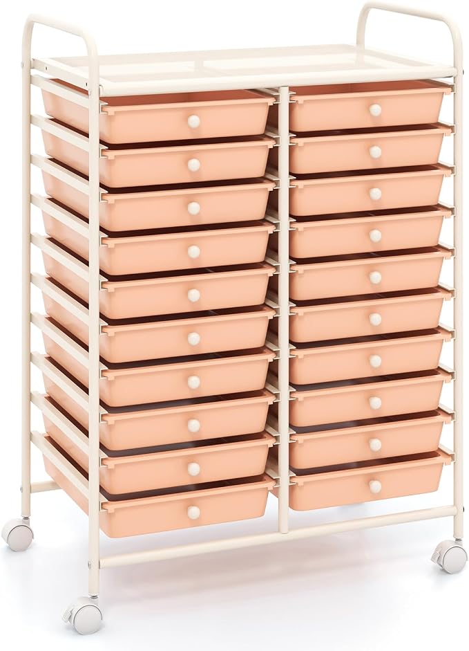 COSTWAY 20-Drawer Rolling Storage Cart, Utility Storage Organizer Cart | For Tools, Scrapbook, Paper, Craft, Multipurpose Storage Trolley on Wheels for Home Office School (Peach)