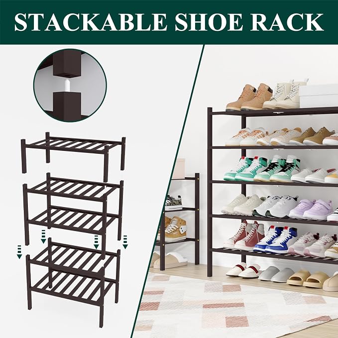 Smiry Long Bamboo Shoe Rack, 2 Tier Free Standing Wooden Shoe Organizer, Stackable Wood Shoe Storage Shelf for Closet, Entryway, 12 Vertical Slats, One-piece Standard Legs, 33.7"x11"x13", Brown