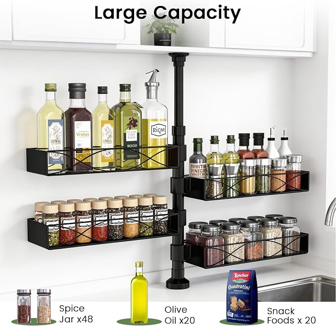 MIXOO Spice Rack Organizer Tension Pole, 4-Tier Adjustable Spice Organizer | 16.5-23.6 Inch, Seasoning Organizer for Countertop, Space-Saving Spice Storage Corner Shelf for Kitchen, Coffee Area,No Drill