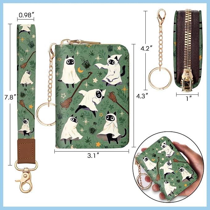 Blusabaca Women Credit Card Holder, Small RFID Wallet with Wristlet Strap | Removable Keychain, Case with Zipper, Vegan PU Leather, Cash Coin Pocket, Business Accordion Purse, Ladies Female Gift