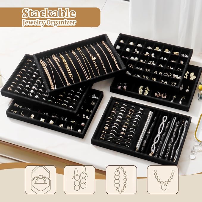 Large Jewelry Organizer for Drawer Insert Velvet Stackable Jewelry Trays for Earring Necklace Bracelet Ring Display (Black, 24 Grids)