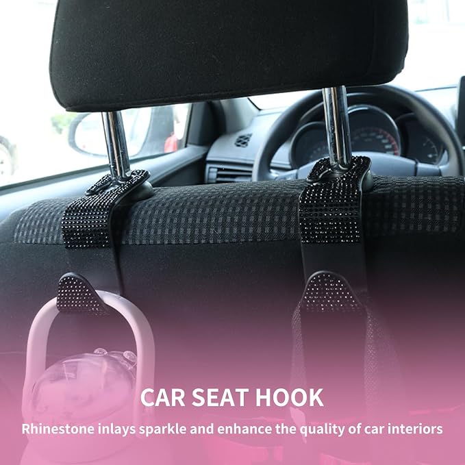 4PCS Bling Car Seat Headrest Hooks, Vehicle Back Seat Purse Handbag Hanging Holder with Crystal Rhinestone, Diamond Storage Organizer Hook,Bling Car Accessories for Women (Pink)