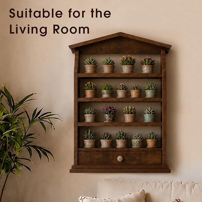 Vintage Farmhouse Wooden Spice Rack Wall Mount – 4-Tier Rustic Kitchen Organizer with Drawer, Holds 24 Small Spice Jars, Decorative Wall Storage Shelf (Dark Brown)