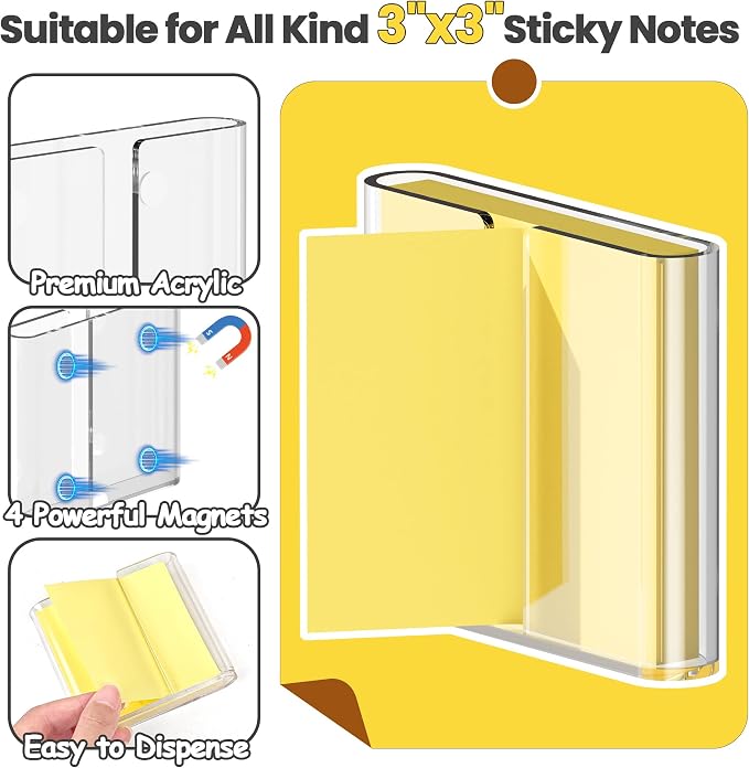 Sticky Note Dispenser, Magnetic Sticky Note Holder for Post It Notes, 3 x 3 Inch Sticky Note Organizer for Office Home Classroom, Transparent, Acrylic