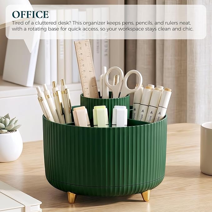 KONVINIT Pencil Pen Holder for Desk, 5 Slots 360-Degree Rotating Desktop Organizer, Cute Desk Organizers and Accessories for School, Home, Office and Art Supply, Dark Green