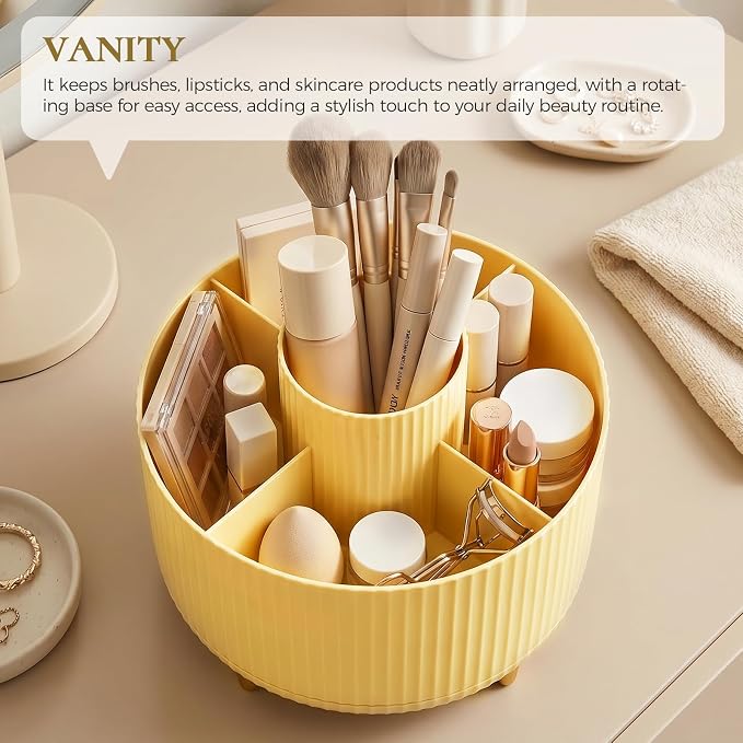 KONVINIT Pencil Pen Holder for Desk, 5 Slots 360-Degree Rotating Desktop Organizer, Cute Desk Organizers and Accessories for School, Home, Office and Art Supply, Yellow