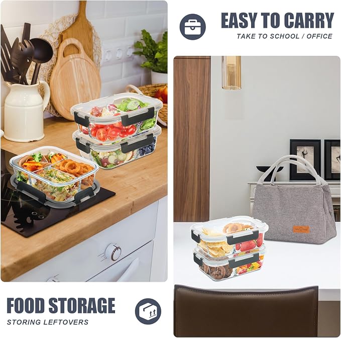 6 Pack 3 Compartment Glass Meal Prep Containers with Lids, 34oz, Grey | Portion Control Lunch Container Set, Glass Food Storage Containers with Airtight Lids, Microwave, Freezer, Dishwasher Safe