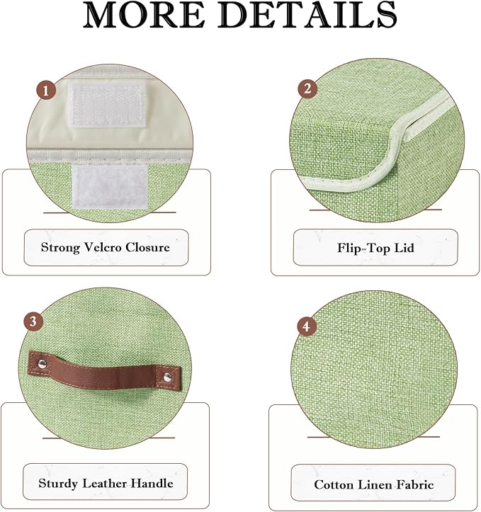 Collapsible Storage Boxes Baskets with Lid Cotton Linen Fabric Storage Bins with Faux Leather Handles Decorative Washable Cube Organizer Container for Home Closet Bedroom (Green, Large Size)