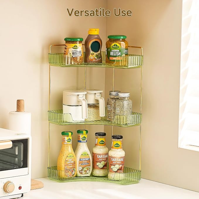 Ceruaxb 3-Tier Corner Bathroom Counter Organizer, Plastic Countertop Makeup Organizer, Large Capacity Vanity Bathroom Perfume Shelf Rack for Kitchen Office Desktop (Amber)