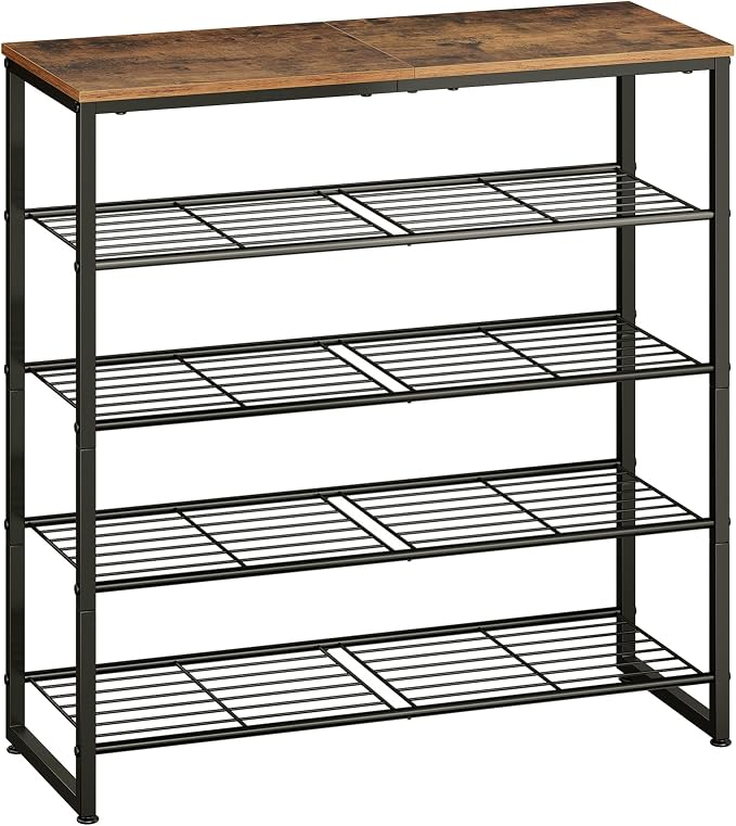 HOOBRO Shoe Rack, 5-Tier Narrow Shoe Organizer for Entryway, Holds 16-20 Pairs of Shoes, Metal Shoe Shelf with Removable Tier, Adjustable Feet, for Closet and Hallway, Rustic Brown and Black BF59XJ01