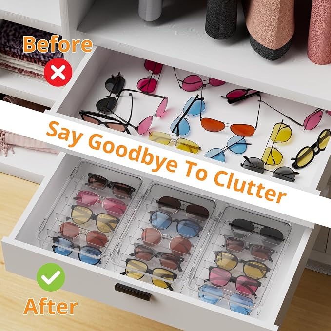 Sunglasses Organizer, Acrylic Clear Plastic Stackable Sunglasses Case with 5 Compartments,Glasses Organizer