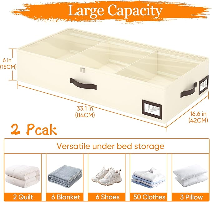 OIAHOMY 2 Pack 53L Under Bed Storage with Adjustable Dividers, 6" Low Profile Underbed Storage Bins for Comforters & Clothes, Save Closet Space with Clear View Lid & Reinforced Handles, Beige