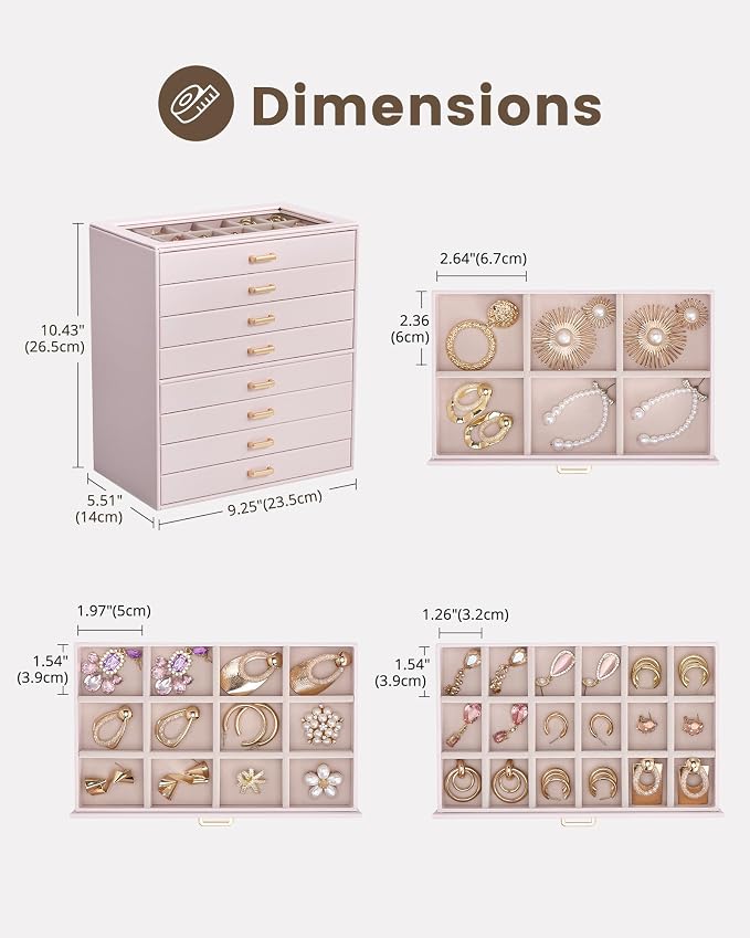 Lolalet Earring Organizer, Jewelry Box with Clear Lid -Pink, 8 Layer | PU Leather, Velvet, Removable Dividers, Dustproof, Easy Clean, For Studs Rings, Gift for Women Girls, Home Aesthetic Decor