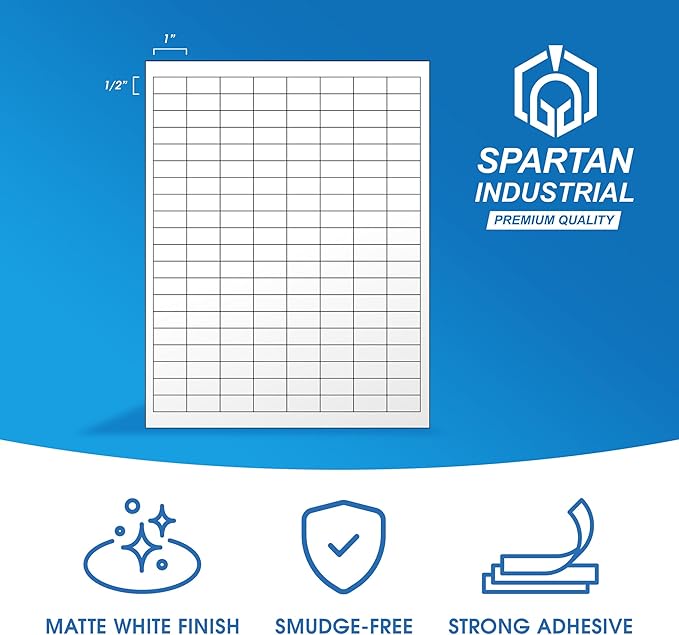 1" X 0.5" Matte White Printable Barcode Labels (30 Sheets, 4800 Stickers) UPC Labels and Price Tags for Laser & Inkjet Printers - Spartan Industrial Template R001