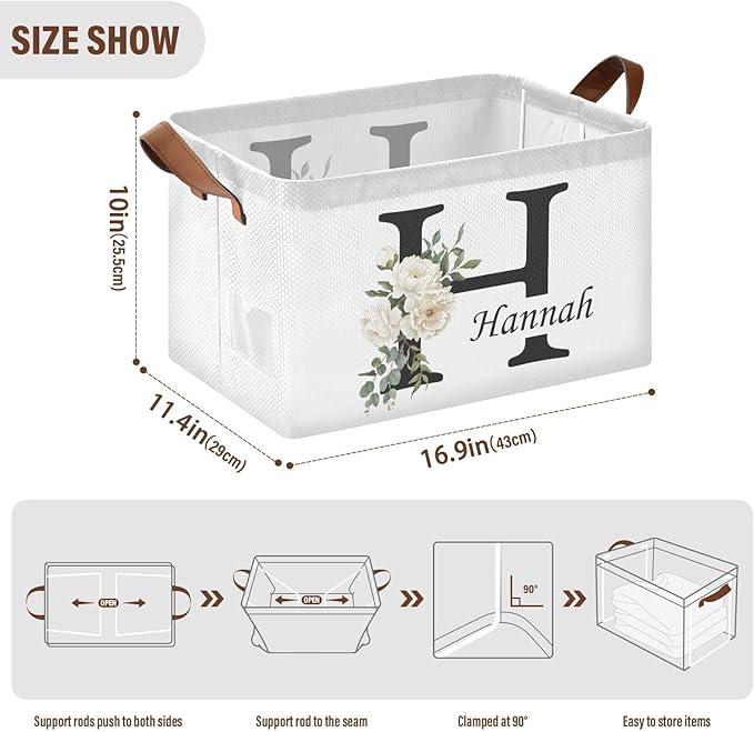 Personalized Storage Basket with Handles&Clear Labels Folding Laundry Basket Custom Name Basket Collapsible Cubes Organizer Bins for Home Wedding Gifts Kids Room Shelf Closet, Watercolor Floral