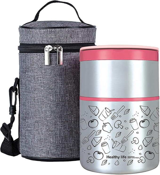 Lille Home 2 Tier Vacuum Insulated Stainless Steel Thermal Lunch Box,32OZ | 2 Tier Bento Food Container with Lunch Bag, Leakproof Wide Mouth Bento Box for Cold/Warm Food, Portion Control, Pink