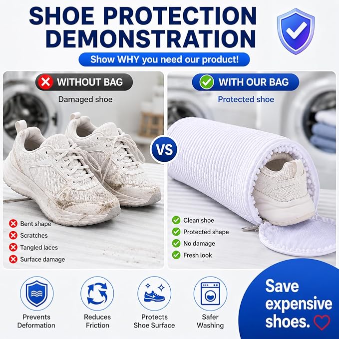 EPSCY Shoe Washing Machine Bags - Reusable Sneaker Laundry Shoe Bag with 360° Deep Clean Mesh - Self Locking Zipper, Noise Reduction Washing Bag Fits All Shoes Sizes and Types - White, Pack of 2
