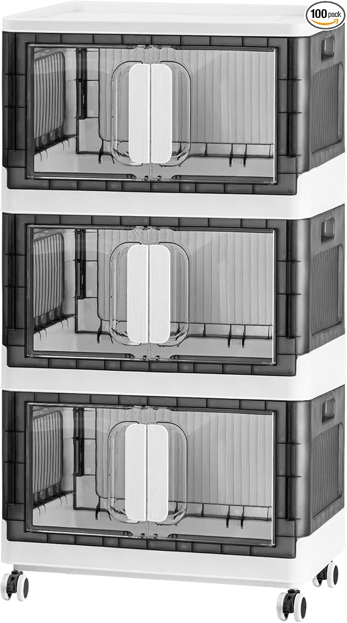 Folding Storage Organizer with Silent casters | Stackable Design for Home & Office, Heavy-Duty Plastic Storage Bin with Clear Door, 3 Sizes (19.5/23.5/27.5in),Black/White (27.6" 3 layer, White)