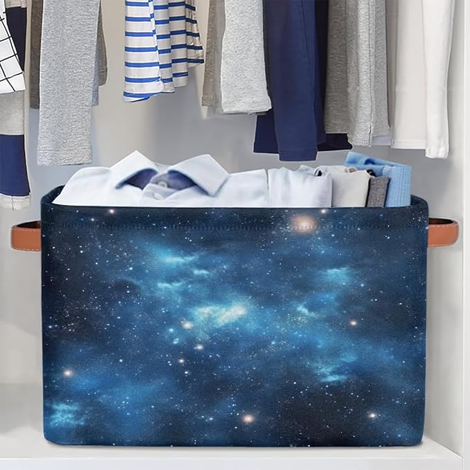 Rectangular Storage Baskets Blue Nebula Pattern Fabric Storage Bin Toy Organizer Box with PU Leather Handles for Room Decor
