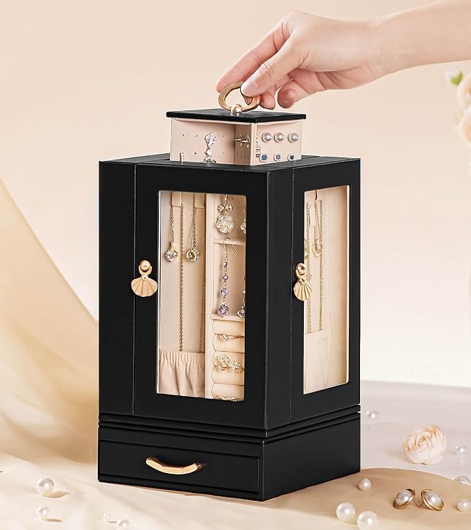 Enthralite Luxury Jewelry Box for Women: 360° Rotating with Clear Window | Compact Jewelry Storage with Drawer - Necklace Ring Organizer with Compartments - Elegant Earring Holder Display Great Gift