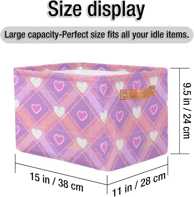 Rectangular Storage Baskets Pink Heart Diamond Fabric Storage Bin Toy Organizer Box with PU Leather Handles for Room Decor