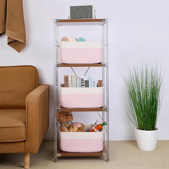 MiniArk Large Storage Baskets for Shelves, 17 x 13 x 7.5” Closet Organizers Bins for Clothes Blanket Towels, Baby Nursery, Toy Baskets Box, Woven Rope Baskets, 2 Packs Woven Pink